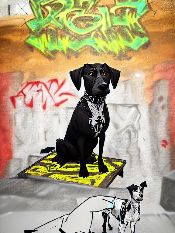 Prompt: mountain cur black dog in gangster clothing graffiti