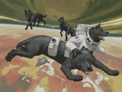 Prompt: abstract style art of black dogs in space in astronaut outfits