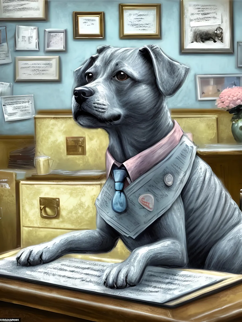 Prompt: chalk pastel style of a  detailed dog typing at a desk in an office, sketch, detailed background, highres, fun atmosphere, natural lighting,  abstract, fun