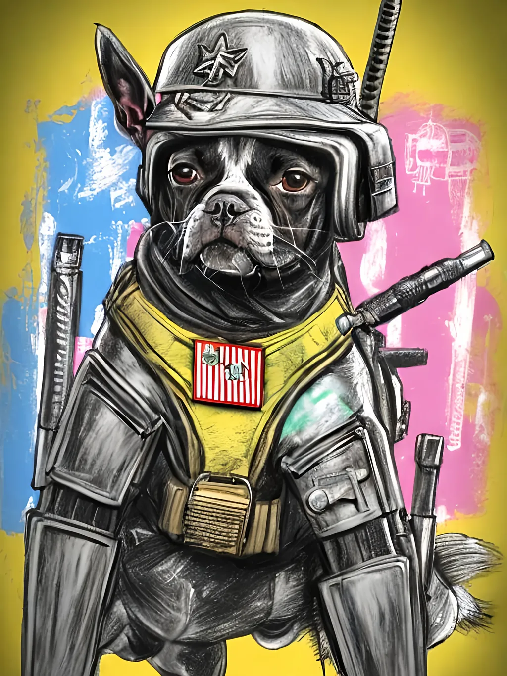 Prompt: pop art chalk pastel art of detailed dog wearing military uniforms<mymodel> playing in the streets in cyberpunk japan during a festival, sketch, detailed background, highres, fun atmosphere, natural lighting,  abstract, fun