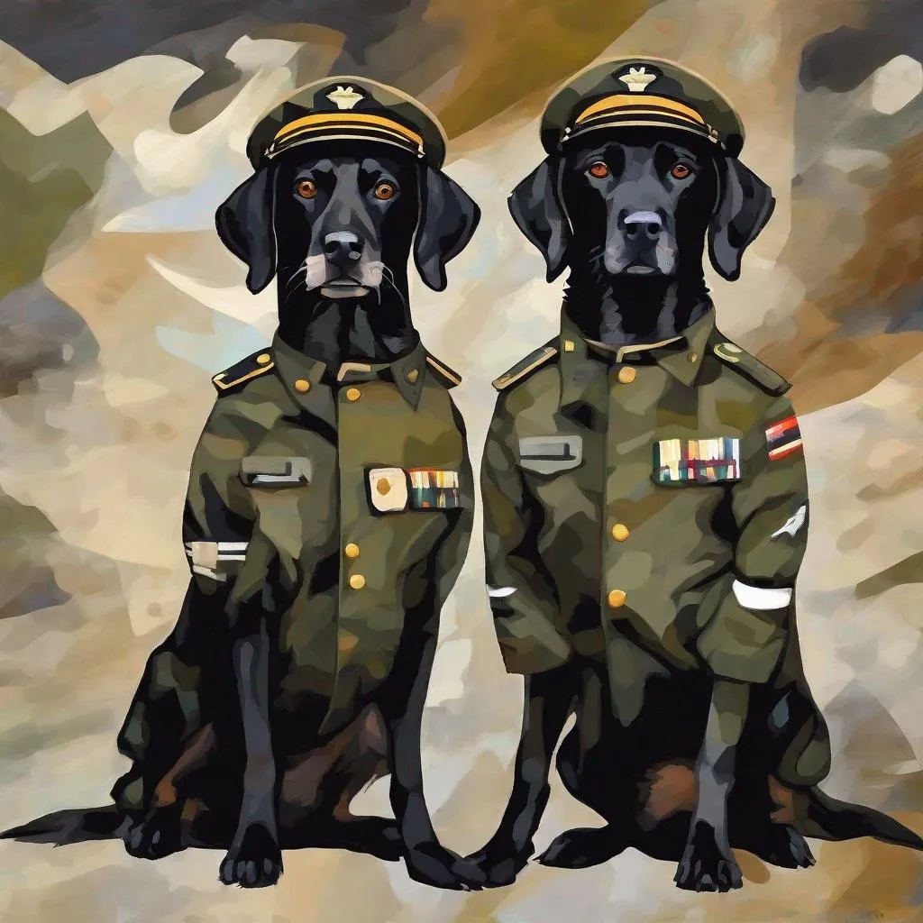 Prompt: mountain cur black dogs in pilot uniform abstract art