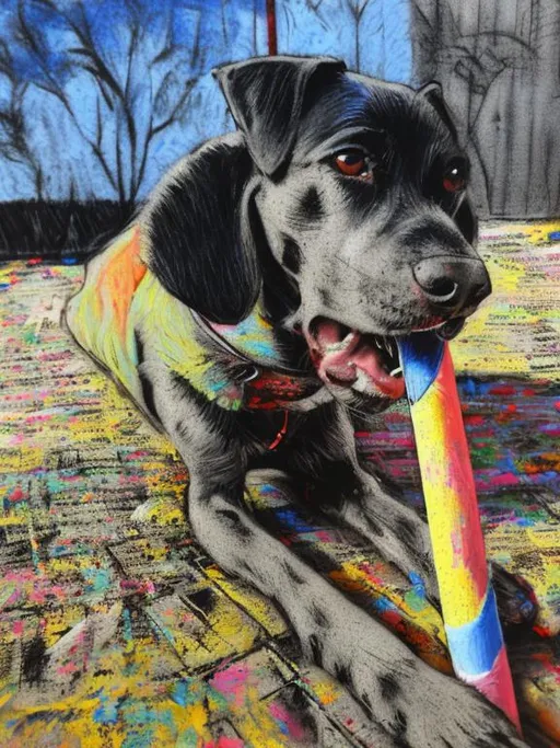 Prompt: pop art chalk pastel art of a detailed dog on the streets in Japan during a festival, sketch, detailed background, highres, fun atmosphere, natural lighting,  abstract, fun