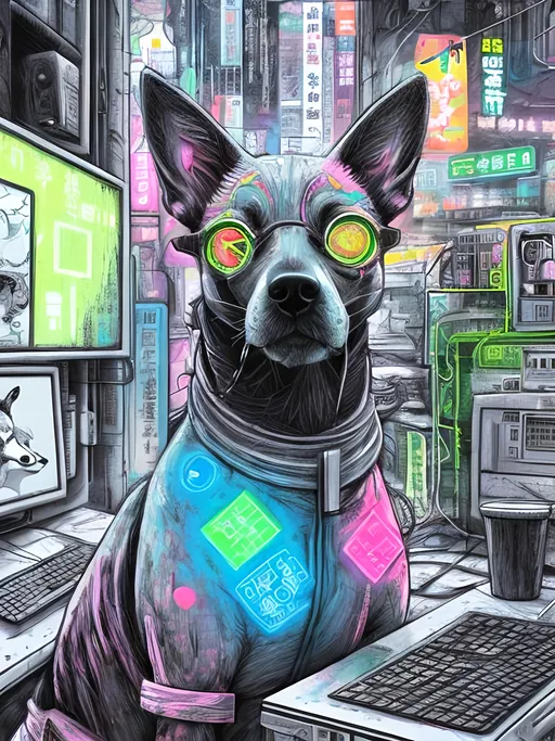 Prompt: pop art chalk pastel art of detailed dog hacking computers in cyberpunk japan, sketch, detailed background, highres, fun atmosphere, natural lighting,  abstract, fun