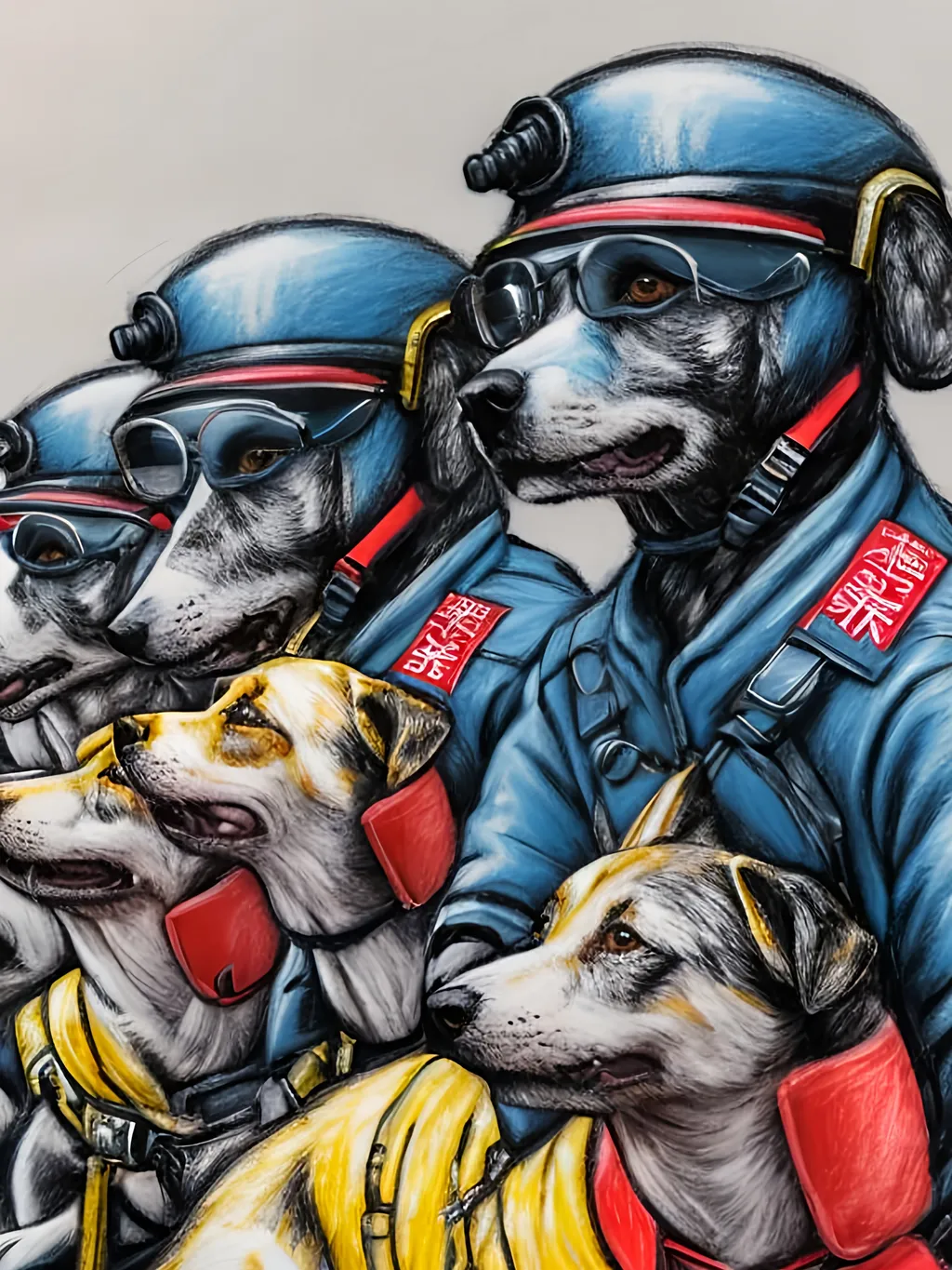 Prompt: pop art chalk pastel art of detailed dogs wearing pilot uniforms playing in the streets in japan during a festival, sketch, detailed background, highres, fun atmosphere, natural lighting,  abstract, fun