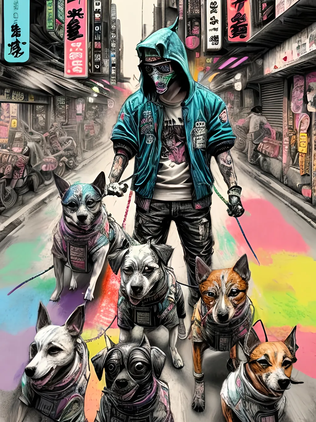 Prompt: pop art chalk pastel art of detailed dogs wearing gangster clothes playing in the streets in cyberpunk japan during a festival, sketch, detailed background, highres, fun atmosphere, natural lighting,  abstract, fun