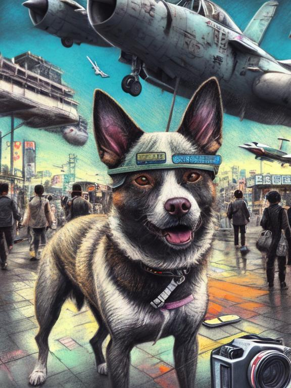 Prompt: chalk pastel art of a detailed dog with a polaroid camera on the streets in post-apocalyptic Japan during a festival with planes in the background, sketch, detailed background, highres, fun atmosphere, natural lighting,  abstract, fun