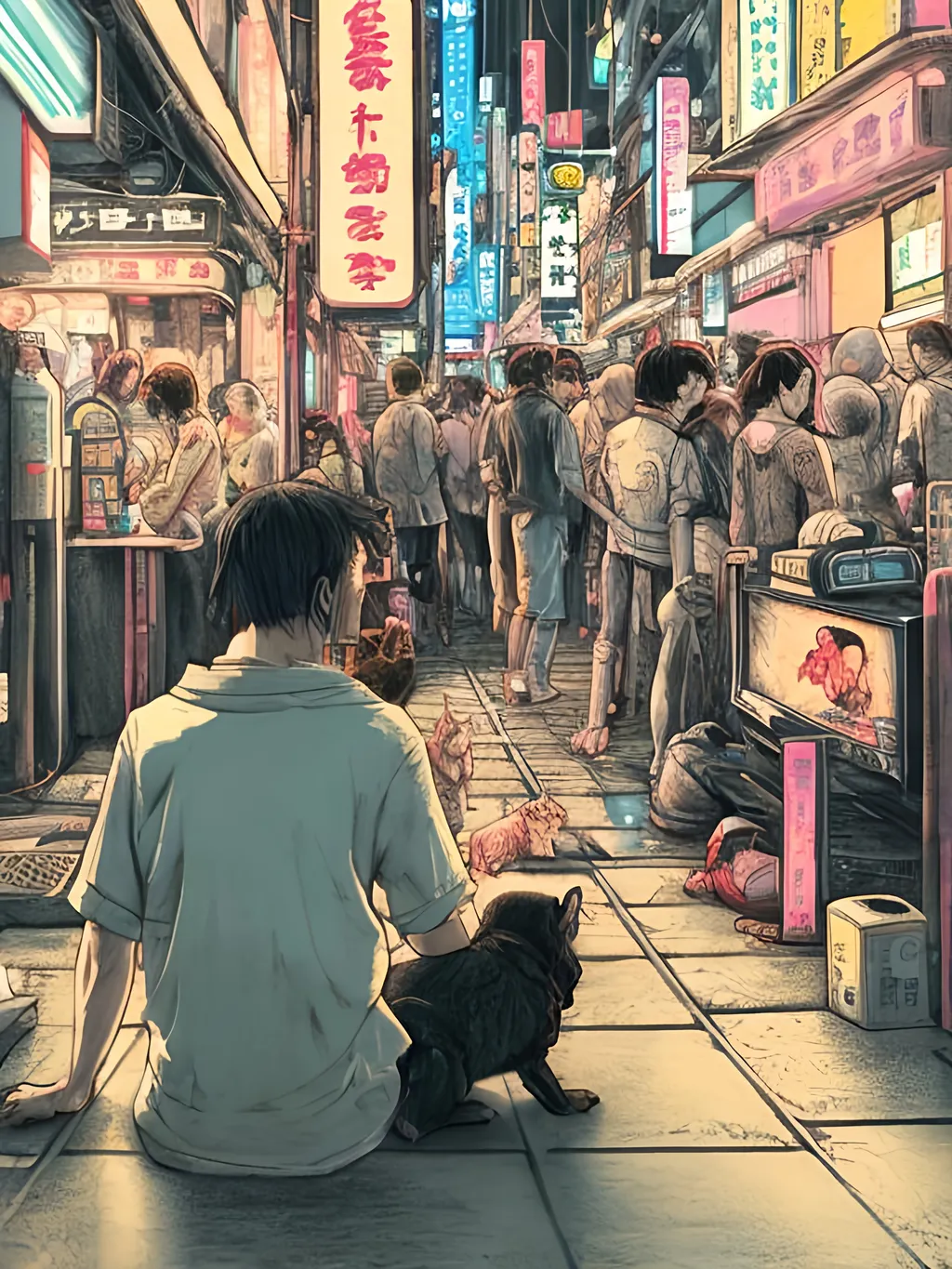 Prompt: pop art chalk pastel art of detailed dog watching tv in the streets in cyberpunk japan during a festival, sketch, detailed background, highres, fun atmosphere, natural lighting,  abstract, fun