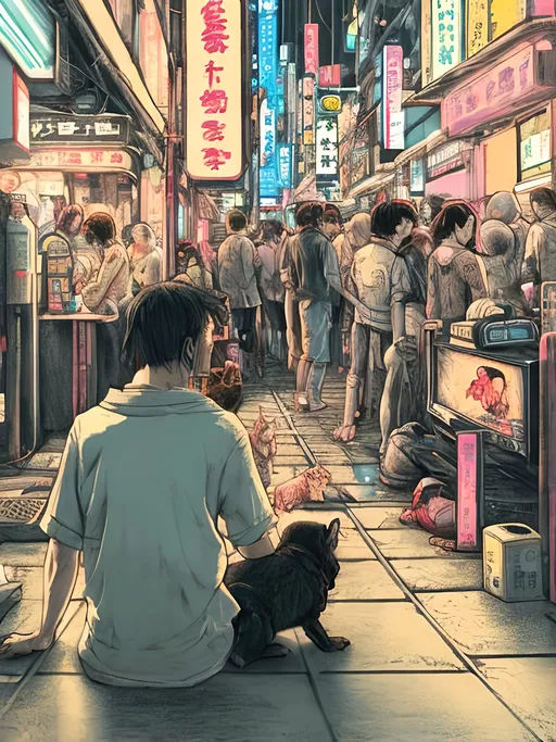 Prompt: pop art chalk pastel art of detailed dog watching tv in the streets in cyberpunk japan during a festival, sketch, detailed background, highres, fun atmosphere, natural lighting,  abstract, fun