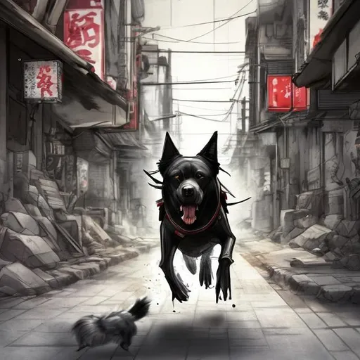 Prompt: sketch art of a black dog wearing soldier clothes chasing a chicken in the streets in japan, sketch, detailed background, highres, fun atmosphere, natural lighting, pastel colors, abstract, fun