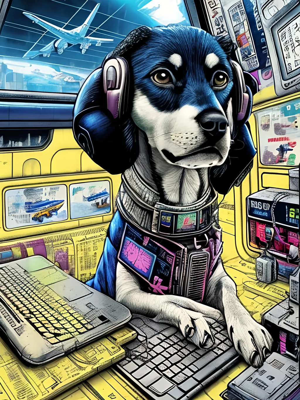 Prompt: pop art chalk pastel art of a detailed dog hacking a computer on the subway train in cyberpunk japan with planes in the background, sketch, detailed background, highres, fun atmosphere, natural lighting,  abstract, fun