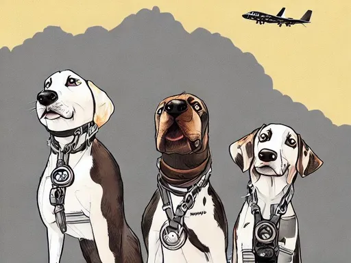 Prompt: black mountain cur dogs rap album dressed as airplane pilots