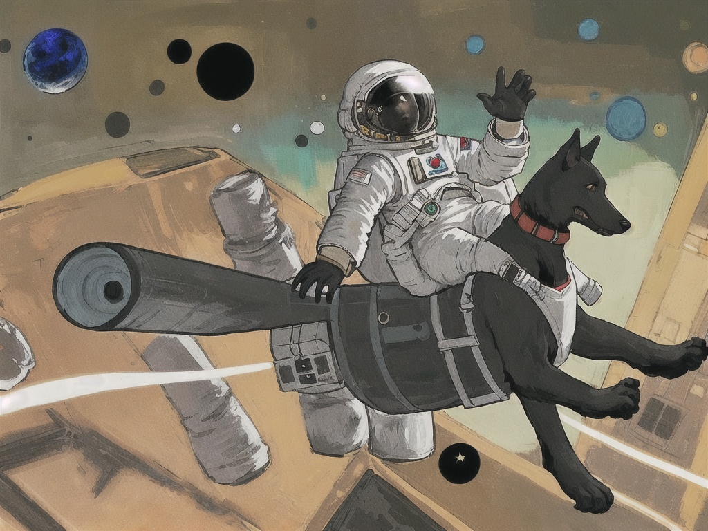 Prompt: abstract art, black dog, in space, in astronaut outfit