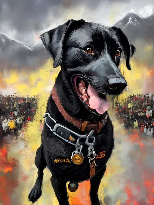 Prompt: Detailed mountain cur all black dog at a rap concert in usa clothes, pop art chalk pastel, grunge, highres, abstract, natural lighting, lively atmosphere, fun, vibrant, happy-go-lucky, detailed dogs, detailed eyes, detailed fur, festive, flying, Japan, chalk pastel, detailed background, grunge style, abstract art, high quality, natural lighting