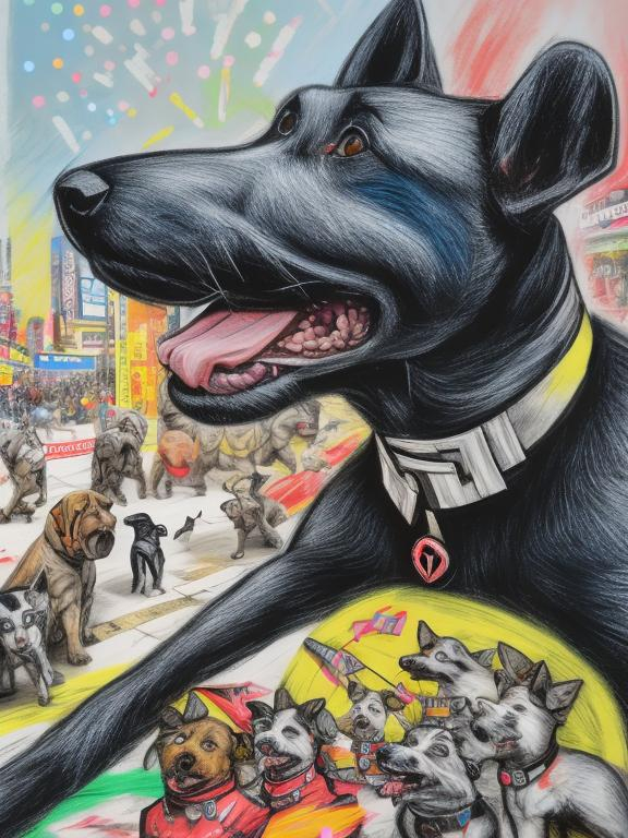 Prompt: pop art chalk pastel art of detailed dogs wearing nazi uniforms playing in the streets in japan during a festival, sketch, detailed background, highres, fun atmosphere, natural lighting,  abstract, fun