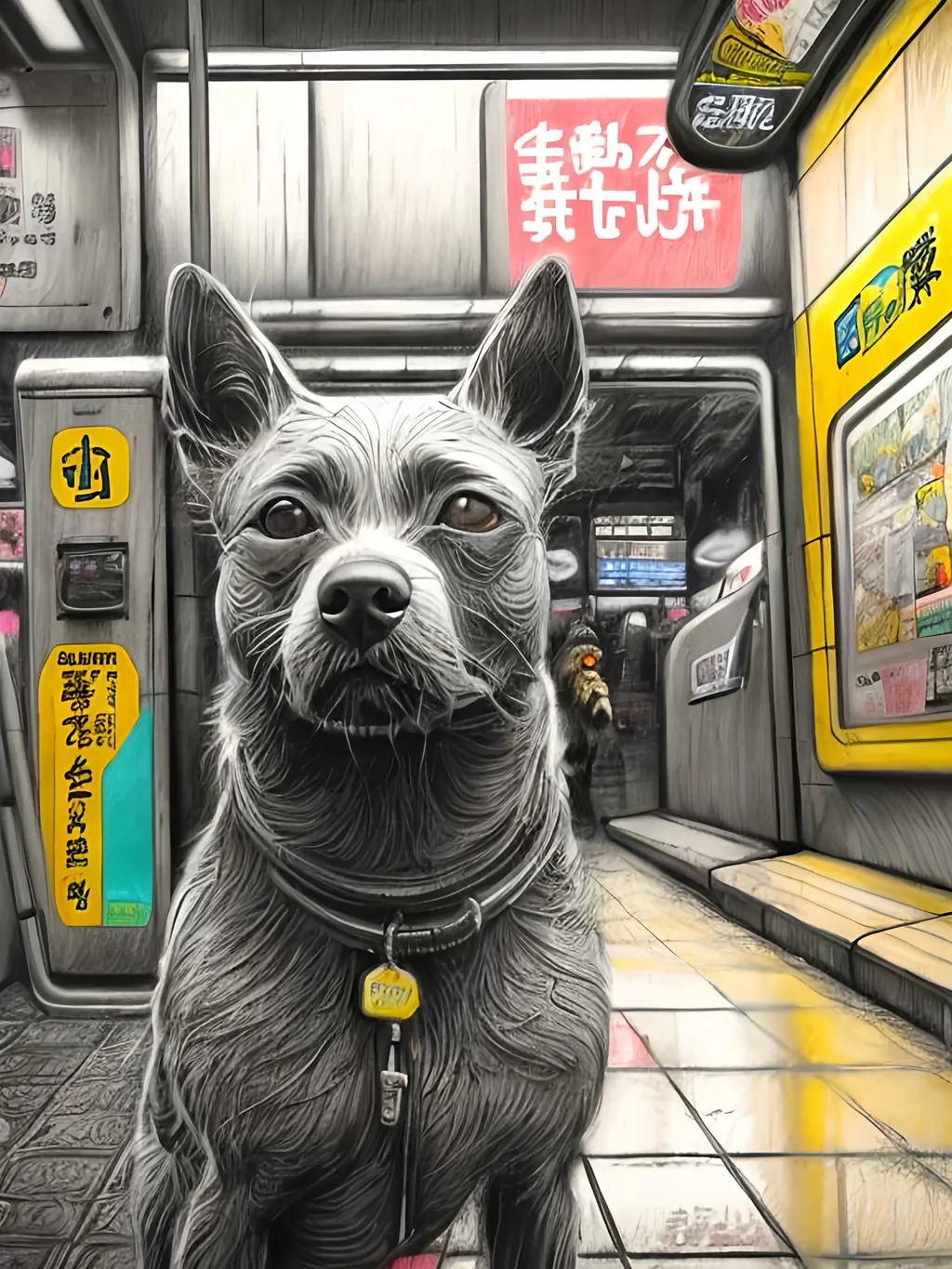 Prompt: pop art chalk pastel art of detailed dog at a subway in cyberpunk japan, sketch, detailed background, highres, fun atmosphere, natural lighting,  abstract, fun