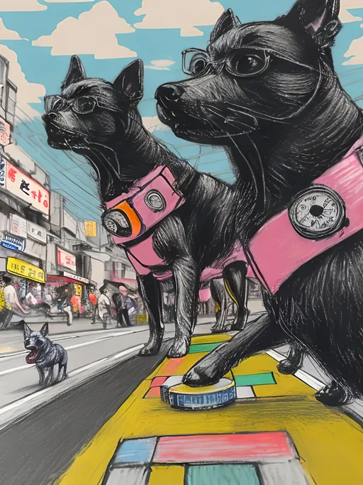 Prompt: pop art chalk pastel art of detailed dogs wearing pilot uniforms playing in the streets in japan during a festival, sketch, detailed background, highres, fun atmosphere, natural lighting,  abstract, fun