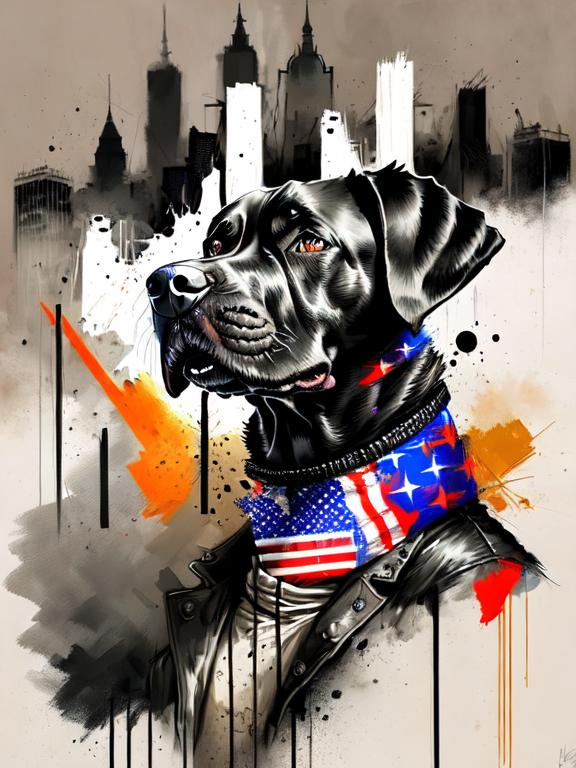 Prompt: surreal, Abstract art of a black dogs in gangster clothes, graffiti, streets, patriotic, detailed, atmospheric lighting, battle in the background, highres, abstract, gangster, detailed clothing, patriotic theme, streets, atmospheric lighting, dogs