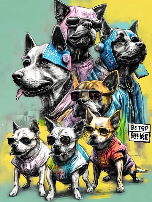 Prompt: pop art chalk pastel art of detailed dogs wearing gangster clothes playing in the streets in cyberpunk japan during a festival, sketch, detailed background, highres, fun atmosphere, natural lighting,  abstract, fun