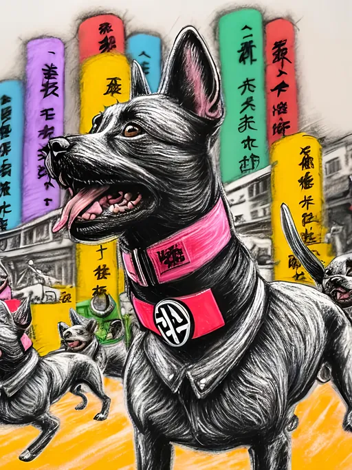 Prompt: pop art chalk pastel art of detailed dogs wearing nazi uniforms playing in the streets in japan during a festival, sketch, detailed background, highres, fun atmosphere, natural lighting,  abstract, fun