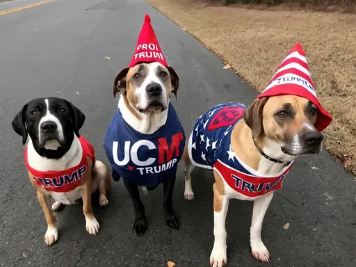 Prompt: black mountain cur dogs dressed as pro trump supporters