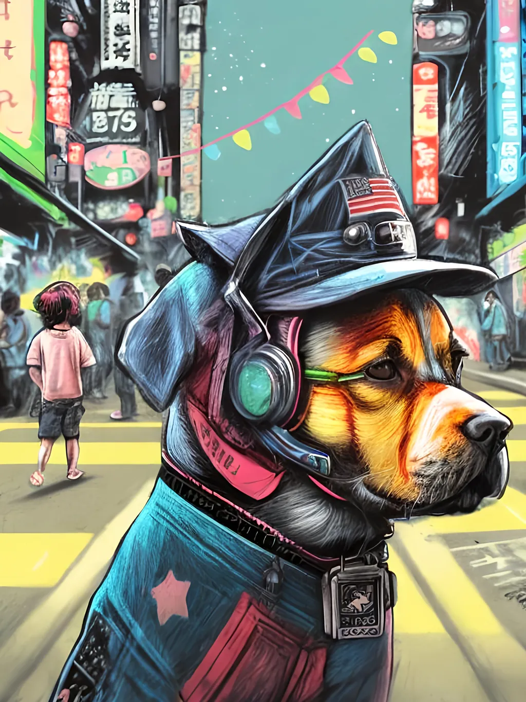 Prompt: pop art chalk pastel art of detailed dog wearing USA clothes playing in the streets in cyberpunk japan during a festival, sketch, detailed background, highres, fun atmosphere, natural lighting,  abstract, fun