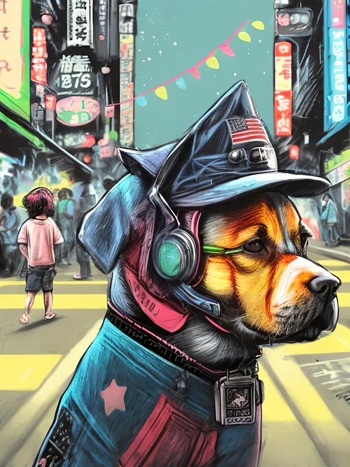 Prompt: pop art chalk pastel art of detailed dog wearing USA clothes playing in the streets in cyberpunk japan during a festival, sketch, detailed background, highres, fun atmosphere, natural lighting,  abstract, fun