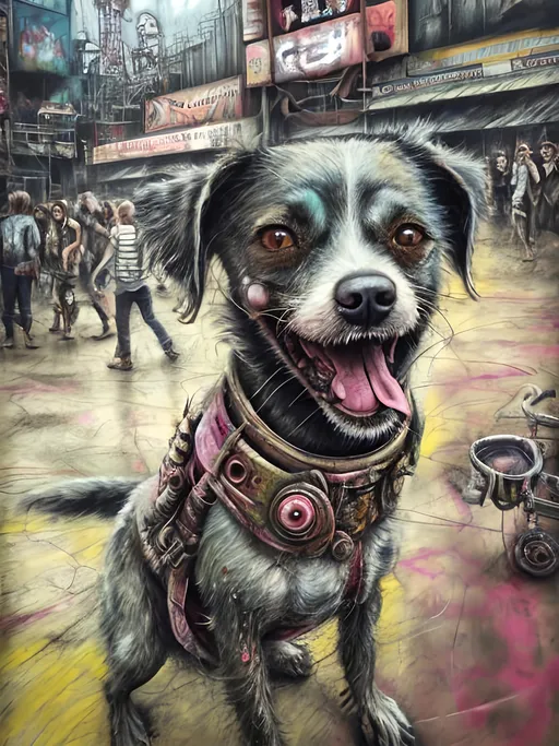 Prompt: Detailed happy dog at a circus, post-apocalyptic Japan festival, sketch, chalk pastel, detailed planes, grunge, highres, abstract, natural lighting, lively atmosphere, fun, vibrant, happy-go-lucky, detailed dogs, detailed eyes, detailed fur, festive, flying, post-apocalyptic, Japan, chalk pastel, detailed background, grunge style, abstract art, high quality, natural lighting