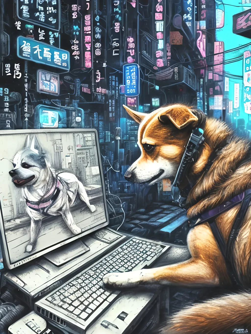 Prompt: chalk pastel art of a detailed dog hacking a computer on the streets in cyberpunk japan with planes in the background, sketch, detailed background, highres, fun atmosphere, natural lighting,  abstract, fun