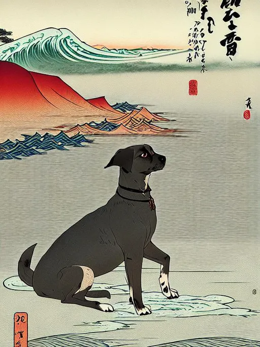 Prompt: black mountain cur dogs pooping in hiroshige wave 