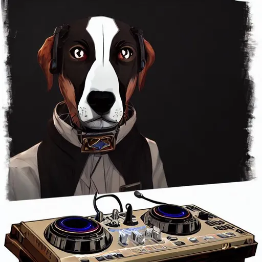 Prompt: black mountain cur dog dressed as yakuza DJing