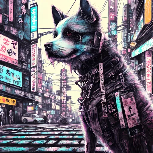 Prompt: Detailed grunge dog in cyberpunk Japan festival, pop art chalk pastel, natural lighting, highres, detailed streets, fun, cyberpunk, detailed fur, vibrant colors, lively atmosphere, street festival, urban setting, chalk pastel art, detailed background, Japan, pop art, grunge style, festival vibes