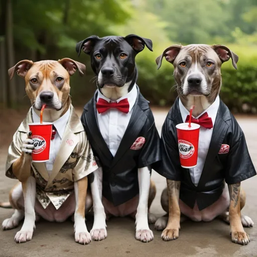 Prompt: black mountain cur dogs dressed like yakuza drinking soda