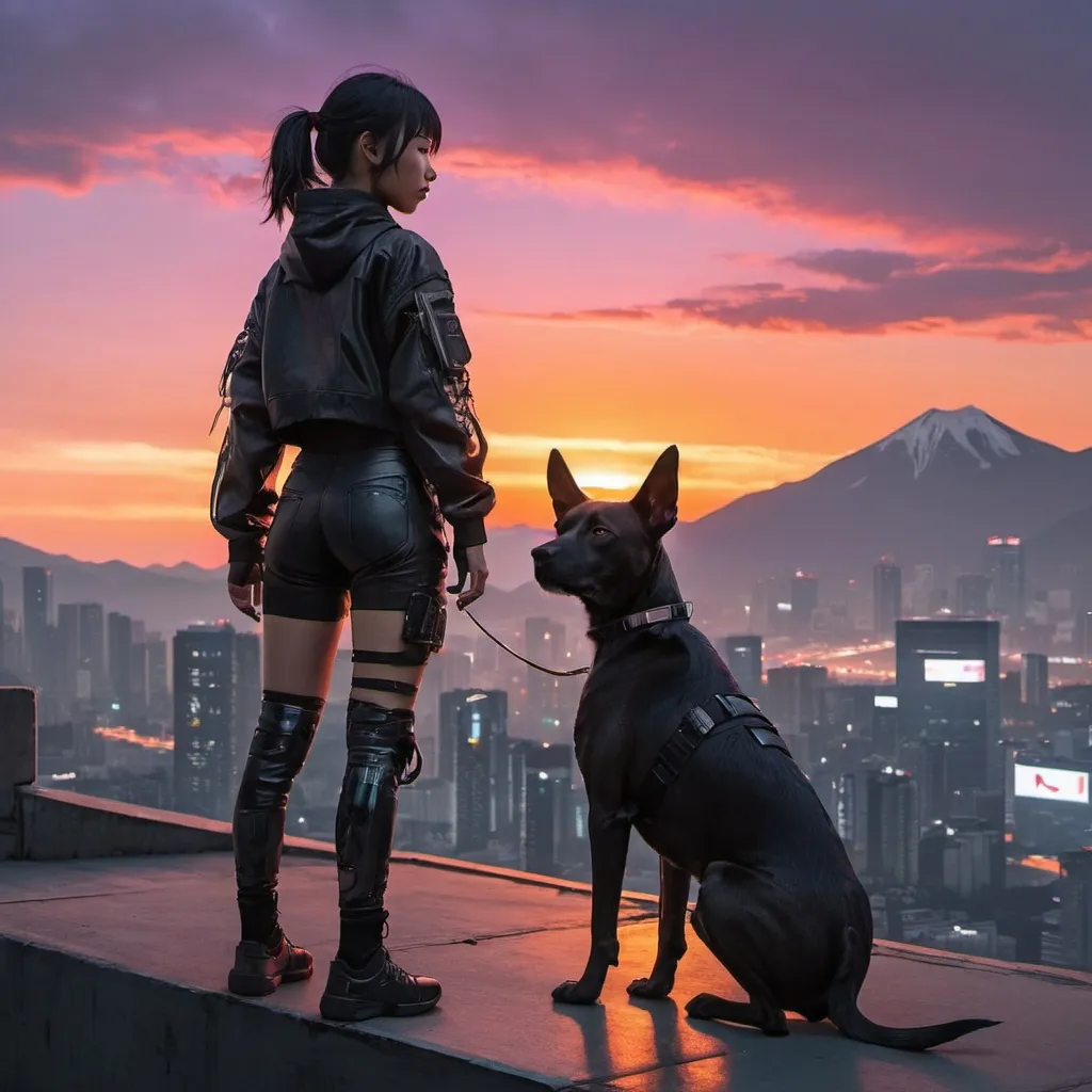 Prompt: sunset cyberpunk with mountain cur black dog no tail and korean girl