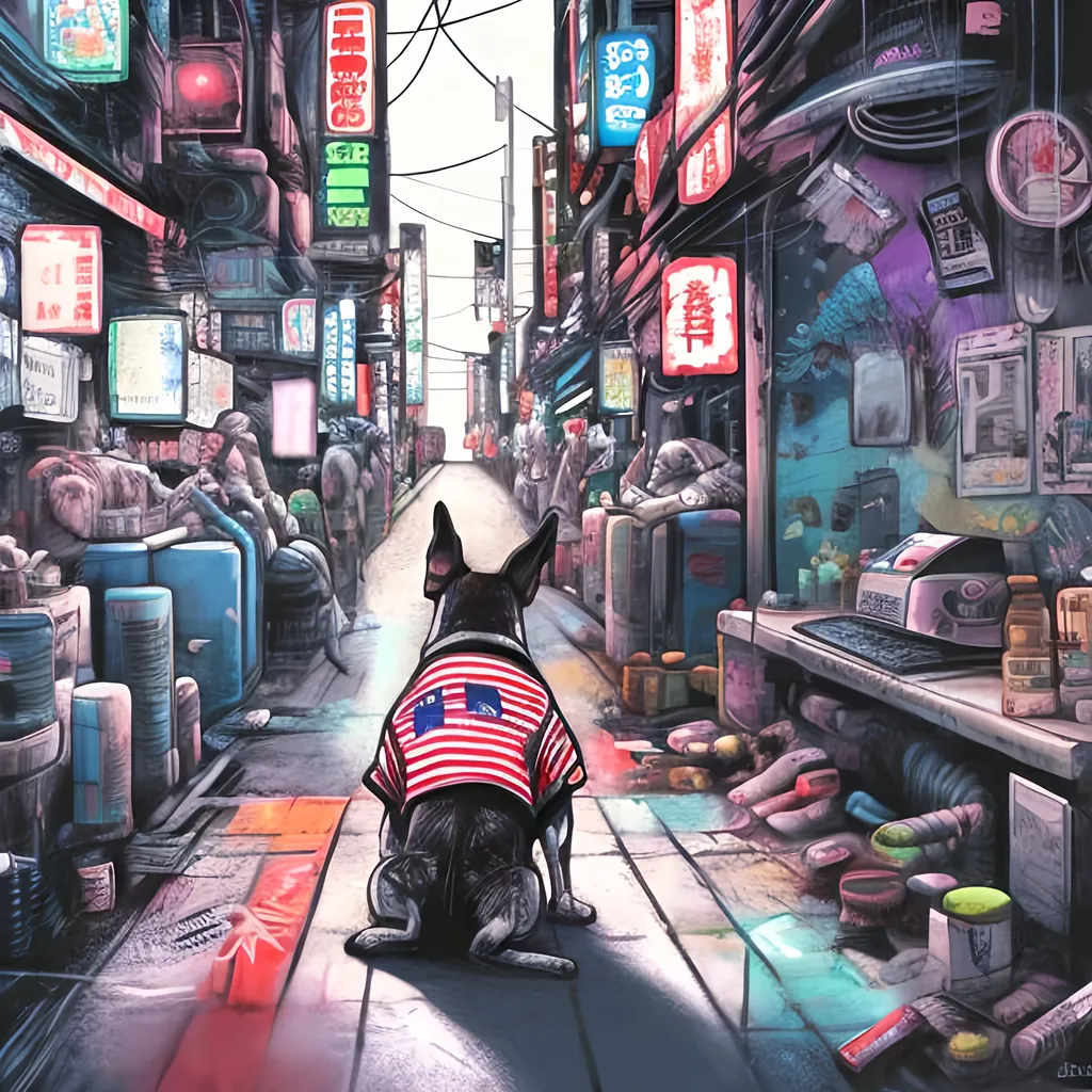 Prompt: pop art chalk pastel art of detailed dog wearing USA clothes playing in the streets in cyberpunk japan during a festival, sketch, detailed background, highres, fun atmosphere, natural lighting,  abstract, fun