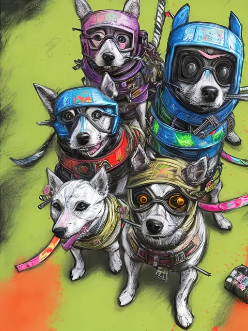 Prompt: pop art chalk pastel art of detailed dogs wearing ninja clothes playing in the streets in cyberpunk japan during a festival, sketch, detailed background, highres, fun atmosphere, natural lighting,  abstract, fun