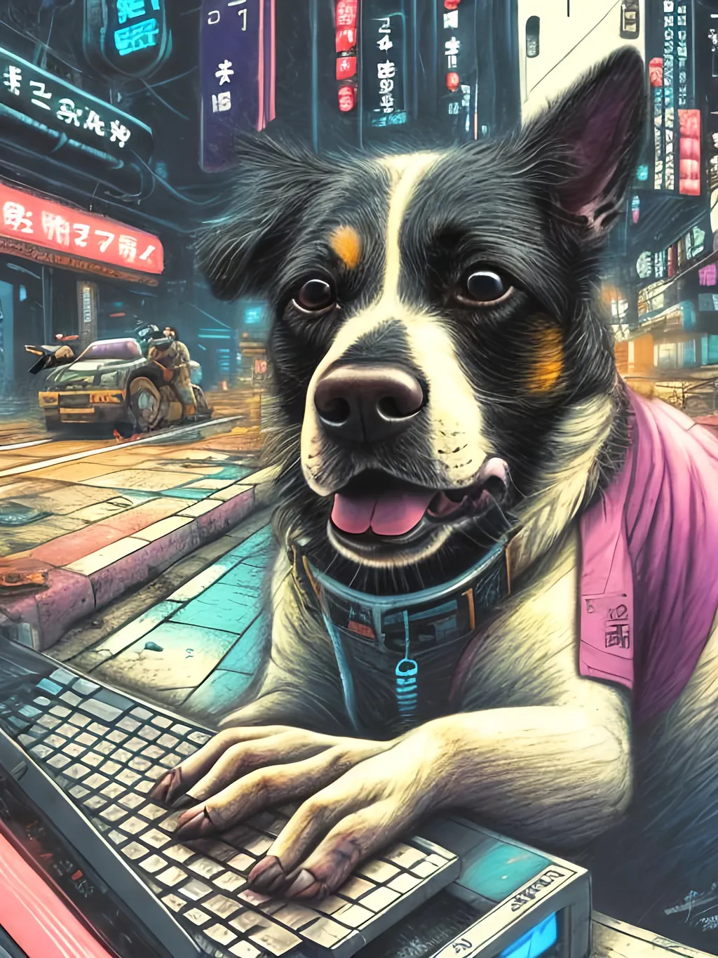 Prompt: chalk pastel art of a detailed dog hacking a computer on the streets in cyberpunk japan with planes in the background, sketch, detailed background, highres, fun atmosphere, natural lighting,  abstract, fun