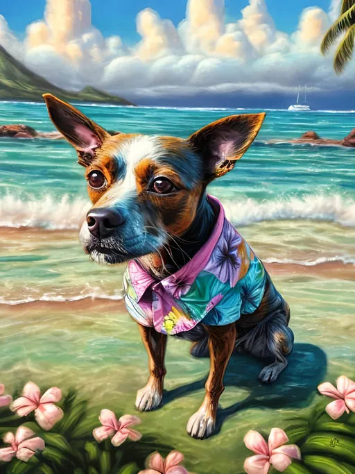 Prompt: chalk pastel style of a  detailed dog in a Hawaiian shirt in Jamaica, sketch, detailed background, highres, fun atmosphere, natural lighting,  abstract, fun