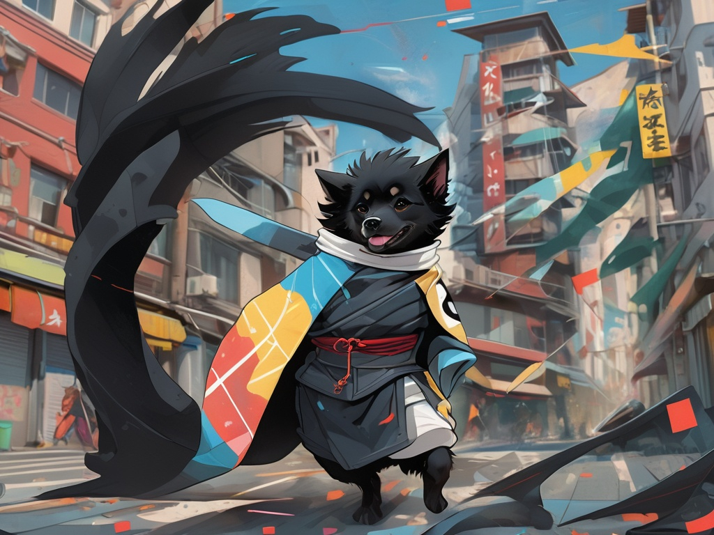 Prompt: black dog wearing ninja clothes having fun in the streets with a battle in the background, dogs, abstract art, Screen print, digital art, 8k resolution trending on Artstation, golden ratio, akira, rule of thirds, geometric bauhaus, Studio Ghibli, Anime Key Visual, by Makoto Shinkai, Deep Color, Intricate, 8k resolution concept art, Natural Lighting, Beautiful Composition