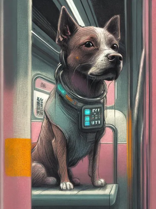 Prompt: chalk pastel art of a detailed dog listening to music on the subway train in cyberpunk japan, sketch, detailed background, highres, fun atmosphere, natural lighting,  abstract, fun