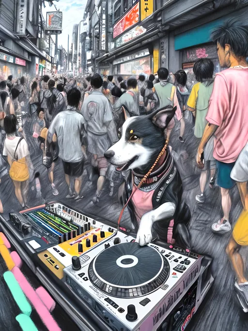 Prompt: chalk pastel art of detailed dog DJing in the streets in Japan during a festival, sketch, detailed background, highres, fun atmosphere, natural lighting,  abstract, fun