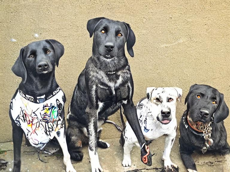 Prompt: mountain cur black dogs in gangster rappers clothing graffiti