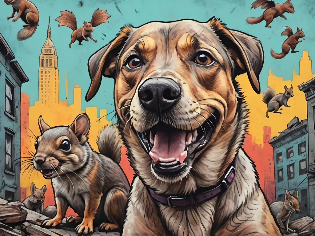 Prompt: pop art chalk pastel, a detailed happy dog being overwhelmed by squirrels, detailed background of a post-apocalyptic city, sketch, grunge, highres, abstract art