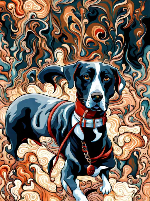 Prompt: mountain cur black dog in gangster clothing abstract art