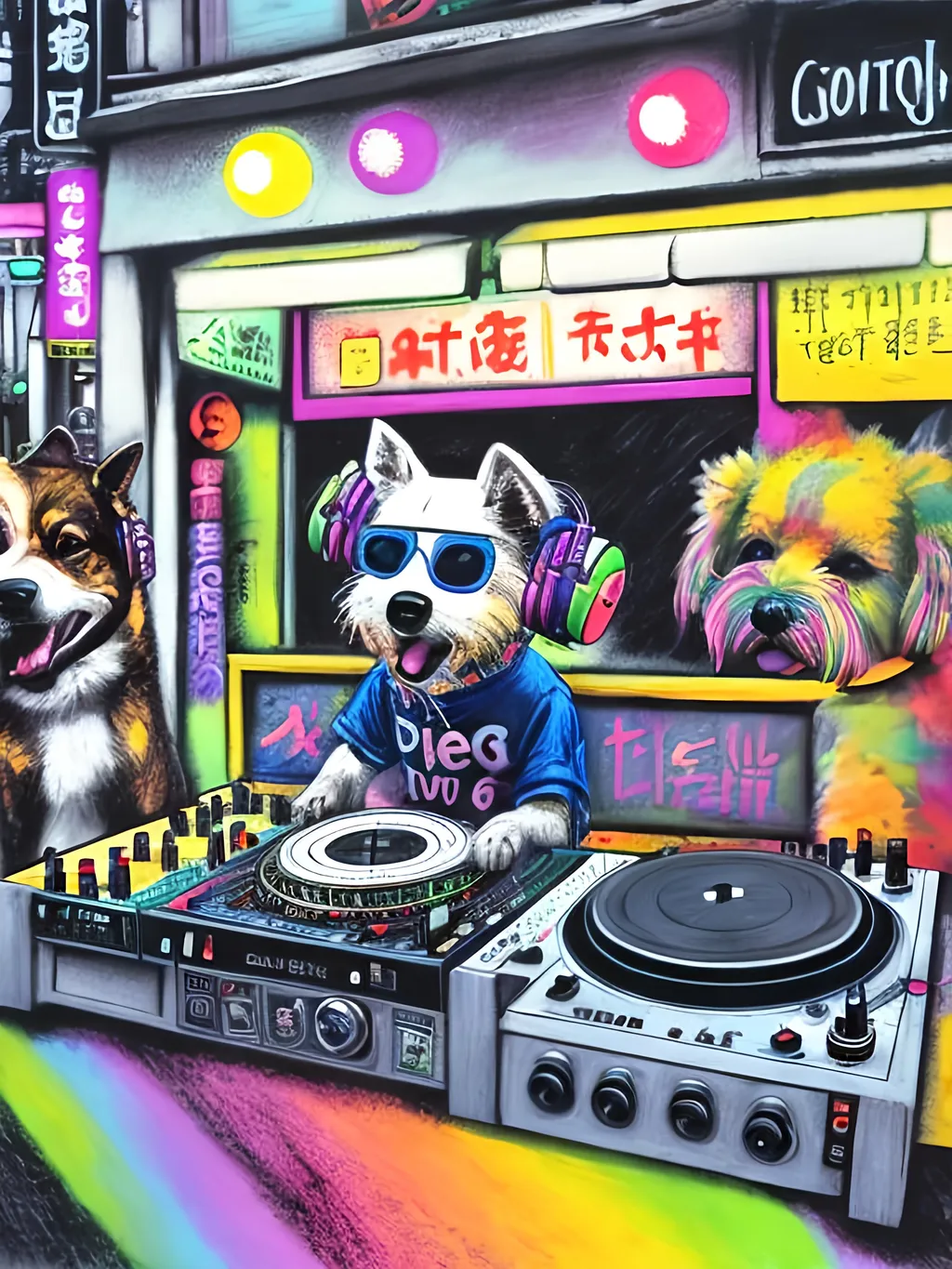 Prompt: pop art chalk pastel art of detailed dog DJing in the streets in Japan during a festival, sketch, detailed background, highres, fun atmosphere, natural lighting,  abstract, fun