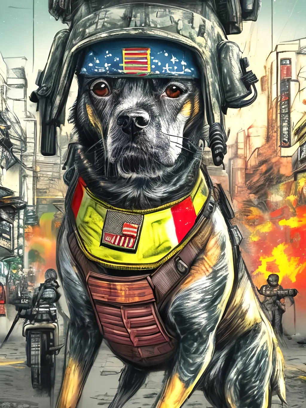 Prompt: pop art chalk pastel art of detailed dog wearing military uniforms<mymodel> playing in the streets in cyberpunk japan during a festival, sketch, detailed background, highres, fun atmosphere, natural lighting,  abstract, fun