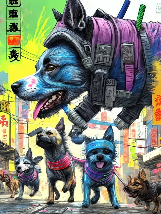 Prompt: pop art chalk pastel art of detailed dogs wearing ninja clothes playing in the streets in cyberpunk japan during a festival, sketch, detailed background, highres, fun atmosphere, natural lighting,  abstract, fun