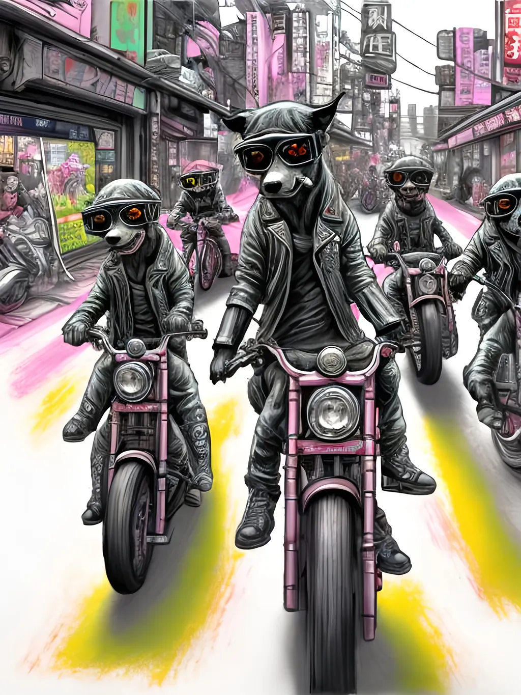 Prompt: pop art chalk pastel art of detailed dogs wearing biker gang clothes playing in the streets in cyberpunk japan during a festival, sketch, detailed background, highres, fun atmosphere, natural lighting,  abstract, fun