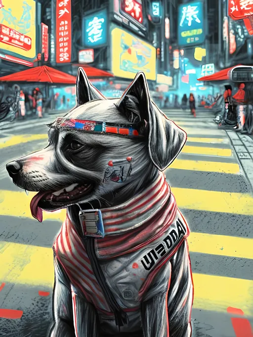 Prompt: pop art chalk pastel art of detailed dog wearing USA clothes playing in the streets in cyberpunk japan during a festival, sketch, detailed background, highres, fun atmosphere, natural lighting,  abstract, fun