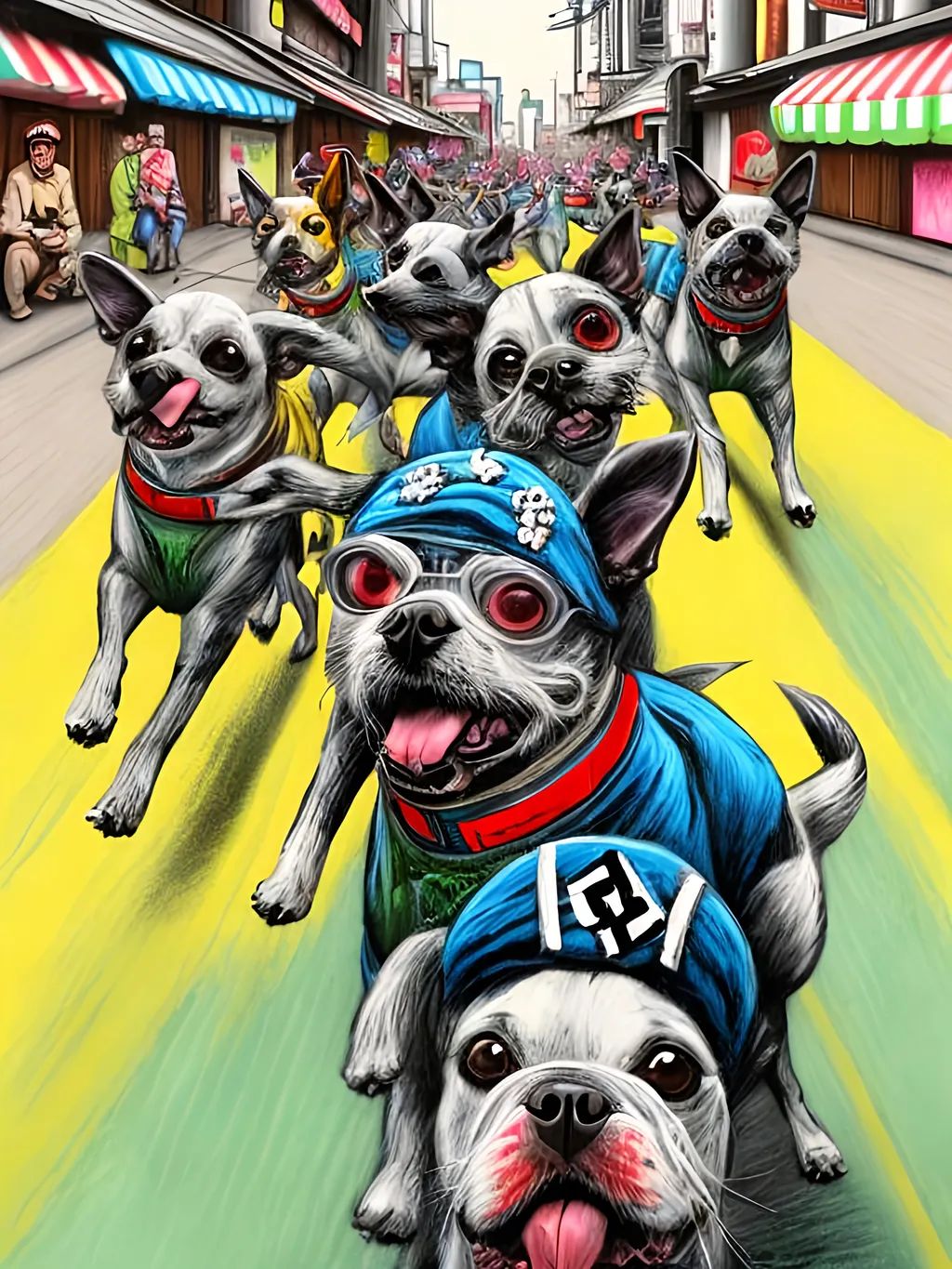 Prompt: pop art chalk pastel art of detailed dogs wearing nazi uniforms playing in the streets in japan during a festival, sketch, detailed background, highres, fun atmosphere, natural lighting,  abstract, fun