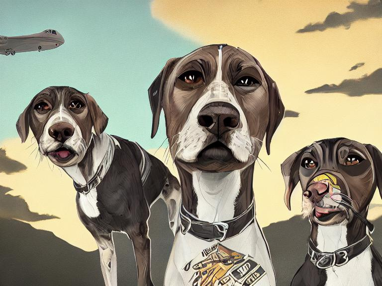 Prompt: black mountain cur dogs rap album dressed as airplane pilots